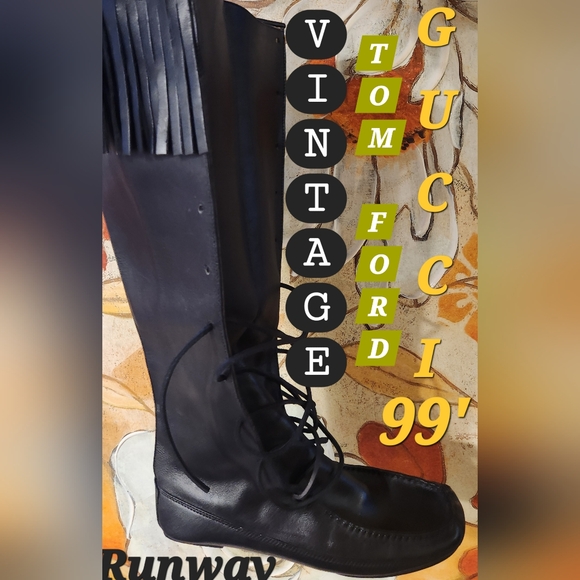 GUCCI Tom Ford RUNWAY '99 Black Lace Up Knee Fringe Leather Moccasin Boots 10m - Picture 7 of 16